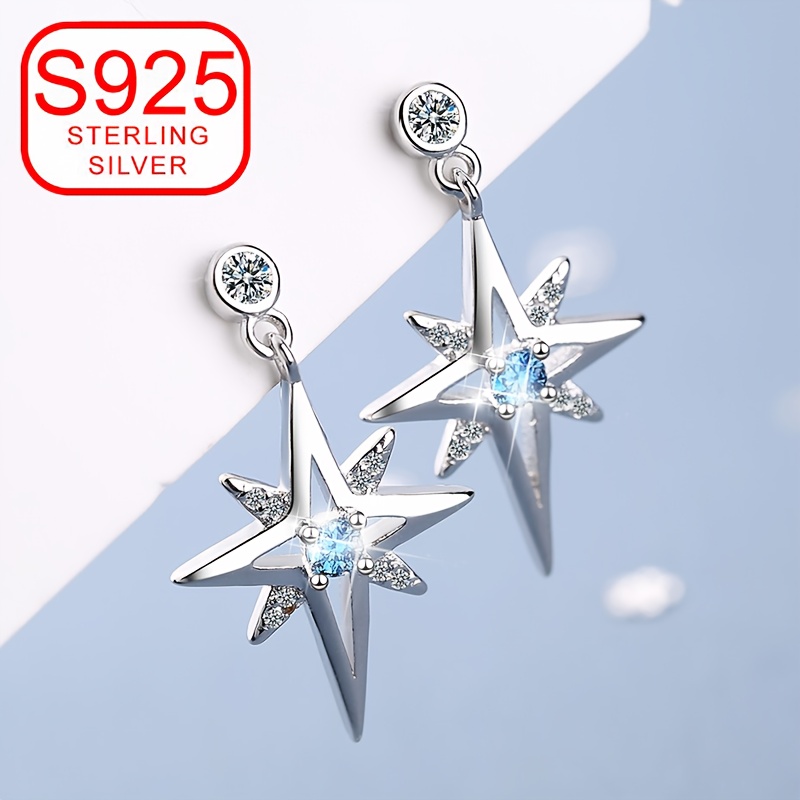 925 Silver Star Dangle Earrings CZ Sparkle Low Allergy Versatile Daily